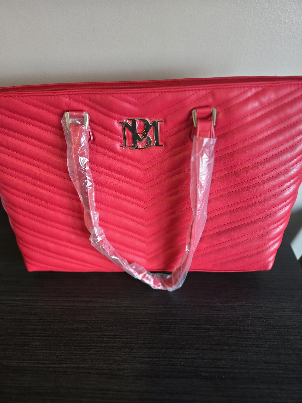 Badgley Mischka Red Quilted Tote Bag Gold Logo Shoulder Bag NEW